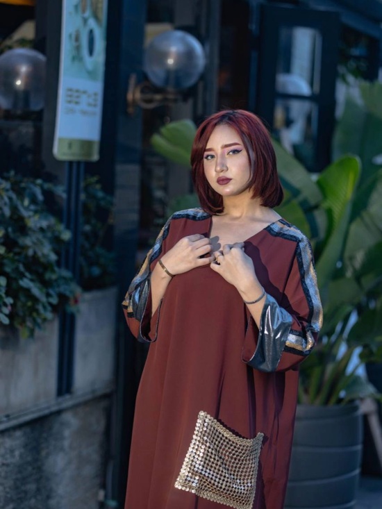 Handmade Dresses & Skirts - Elegant Maroon Womens Dress with Metallic Sleeve Accents